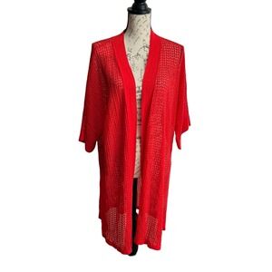 Chico's Cotton Blend Textured Long Open Cardigan XL Red Lightweight Beach Layers